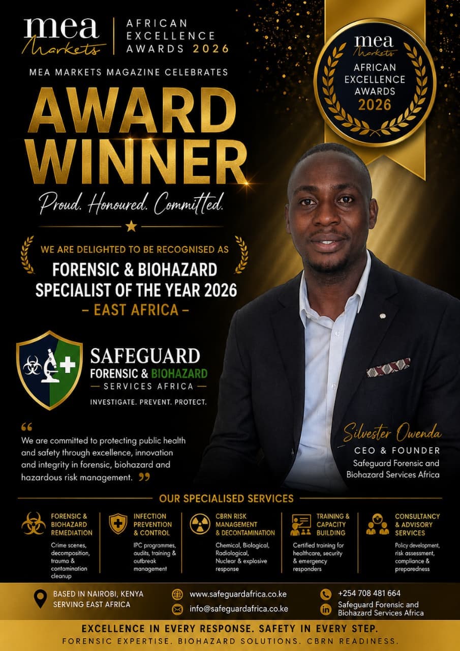 MEA Markets African Excellence Awards 2026 award graphic: Award Winner, Forensic & Biohazard Specialist of the Year 2026, East Africa, with Silvester Owenda, CEO & Founder of Safeguard Forensic and Biohazard Services Africa